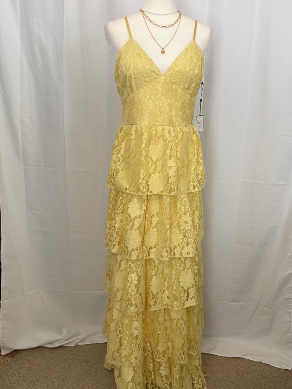 Laundry By Shelli Segal Yellow Lace Tiered Maxi Dress Summer Wedding Formal